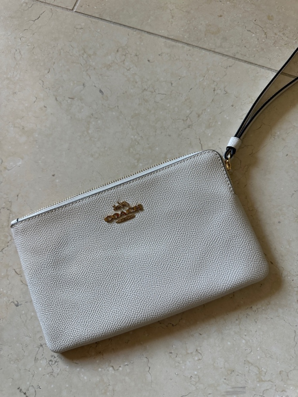 Coach White Pebbled Leather Wristlet with Gold Hardware
